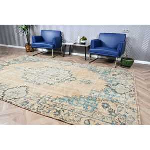 Alfombra Vintage, Alfombra Turca Grande de 6.4x10.1 pies, Alfombra con Bordes Azules y Blancos - Product Image 4