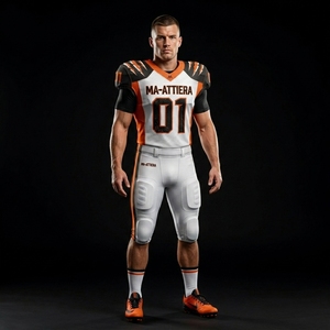 Maillot de football américain personnalisé blanc et orange, pantalon rembourré, uniforme d'équipe numéro 01, vêtements de sport respirants en polyester, OEM - Product Image 4