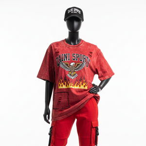 T-shirt ample pour femme en jersey de coton premium 220 GSM, délavé à l'acide, imprimé graphique rouge, logo personnalisé, T-shirt en coton pour femme - Product Image 1