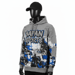 Sudadera con capucha premium de mezcla de algodón en gris azulado y negro con diseño gráfico, detalles desgastados y logotipo personalizado. - Product Image 3