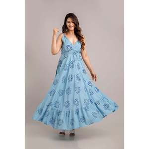 Robe longue évasée sans manches à imprimé floral bleu turquoise - SHKUP1366 Taille élastique XS Respirante pour les journées d'été à la plage - Product Image 2