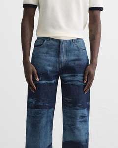 Haute qualité personnalisé hommes Baggy jean solide motif Vintage pantalon cordon fermeture mi décontracté tricoté tissage hommes Denim - Product Image 6