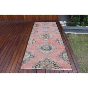 Tapis vintage de 3,6 x 8,5 pieds, tapis turc, tapis oriental en laine rouge et bleu - Product Image 1