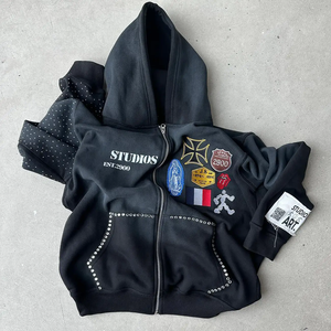 Personnalisé Surdimensionné Lourd Soleil Délavé Lavage À L'acide Applique Broderie Patch Streetwear Strass Zip Up Hoodie pour Hommes - Product Image 1