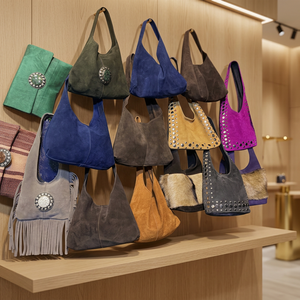 Women Suede Classic Shoulder <b>Bag</b> Blue Soft Handle Handmade <b>Carry</b>-<b>On</b> Travel Luxury Style Round Stud Detail - Product Image 3