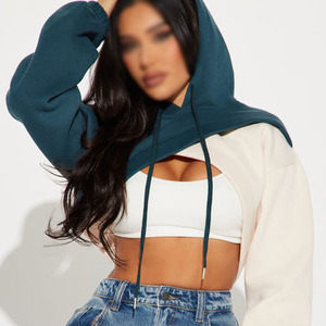 Sweat-shirt court à blocs de couleur pour femmes en gros, sweat-shirt en molleton de coton élégant avec découpe, streetwear tendance, pull, approvisionnement OEM ODM - Product Image 3