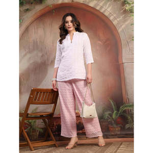 Pantalon palazzo décontracté en coton pour femme, bleu turquoise, coupe évasée, taille haute, respirant, avec motif floral - Product Image 1