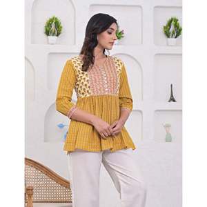 เสื้อสั้นพิมพ์ลายมัสตาร์ดผ้าฝ้ายระบายอากาศได้ดีตกแต่งแบบปัก - Product Image 4