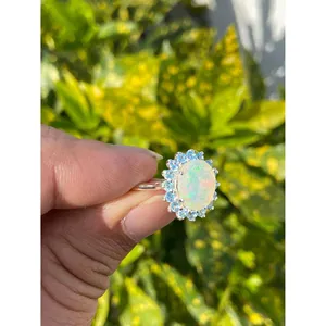 925 <b>Silver</b> Natural Opal & Blue Topaz <b>Statement</b> <b>Ring</b> with Oval Cut Gemstone Geometric Pattern IGI Certified Everyday Wear - Product Image 3
