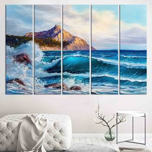Art mural en verre Seascape : décoration sur toile imprimée avec des vagues bleues de l'océan, ensemble de 5 toiles - Product Image 1