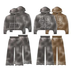 Conjunto de Sudadera Corta con Capucha y Chándal Acampanado Apilado, con Parche Desgastado por el Sol Personalizado, Aplique Bordado y Lavado Ácido, para Invierno - Product Image 4