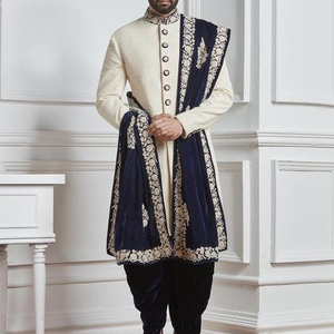 NEW INDO-WESTERN SHERWANI WITH STOLE DRESS on VELVET FABRIC WITH GOLD ZARDOZI EMBROIDERY & MATCHING SHOE for WEDDING Dress @2022 - Product Image 1