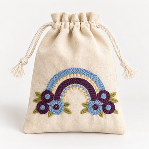 <b>Rainbow</b> Bliss Embroidered Cotton Drawstring Pouch 4.5 X 6.5 Inch 150 GSM Natural Small Reusable Eco-Friendly Jewelry Gift - Product Image 1