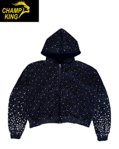 Sweat à capuche noir zippé de luxe pour homme, orné de strass et de diamants, fabriqué par la marque Champ king. - Product Image 1