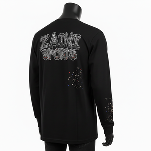 Camiseta de manga larga de algodón jersey de alta calidad, tela negra lisa, logotipo de pedrería termoadhesivo, camiseta de manga larga para hombre - Product Image 4