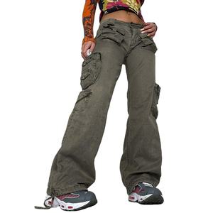 Women Custom Streetwear with Retro Pockets Casual Ladies Trousers OEM Vintage High Waist Long <b>Parachute</b> <b>Cargo</b> men's <b>pants</b> - Product Image 3