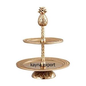 Hot Selling <b>Two</b>-Tone <b>Two</b> <b>Tier</b> Metal <b>Cake</b> <b>Stand</b> Fancy Gold Leaf Design White Enamel Finish Decorative Purpose Direct Wholesale - Product Image 5