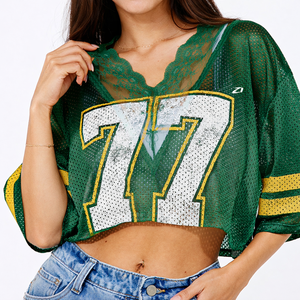 Women's Cropped <b>Green</b> <b>Mesh</b> Football Jersey Streetwear V Neck Breathable Polyester Number Print Fashion Crop <b>Top</b> Manufacturer USA - Product Image 1