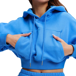 Moda de alta calidad Color sólido personalizado Zip up Drop Shoulder Globo mangas Oversized Crop Top Hoodie mujeres sudaderas con capucha mujeres - Product Image 1