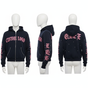 Sudadera con Capucha de Algodón Grueso de Alta Calidad para Hombre y Mujer, Sudadera con Capucha Personalizada con Cierre, Bordado y Pedrería - Product Image 1