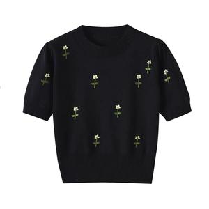 เสื้อสวมหัวคอกลมแขนสั้นประดับด้วยลูกปัดแนววินเทจของผู้หญิงเสื้อระบายอากาศ100% ผ้าโพลีเอสเตอร์อเนกประสงค์ฤดูใบไม้ร่วงใหม่ - Product Image 4