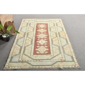 Alfombra de lana turca Vintage de 4 pies, 9x7 pies y 5 pulgadas, tejido plano de retazos beige y marrón para decoración de sala de estar con respaldo de látex - Product Image 4