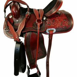 Cherry color Beautiful Hand tolling Western Leather Horse barrel Saddle Horse show Saddles With tack set in wholesale price.