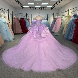 Vestido de Quinceañera 6935, Brillante, Cuello Alto, Color Morado, con Cuentas, Estilo Princesa, Corsé, Cola de Capilla, Adornos de Cristal Natural - Product Image 4