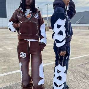 3D Streetwear Embroidery French Terry Thick <b>Zip</b> <b>up</b> <b>Crop</b> Boxy Cotton Applique Stitched Sun Faded Wash Sweatpants and <b>Hoodie</b> Set - Product Image 1