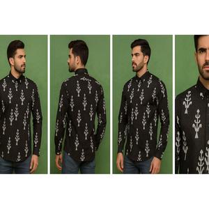 Monochrome Tribal Motif <b>Half</b> Sleeve Men's Casual <b>Shirt</b> Summer Satin Woven Fabric ODM Supply 6XL Stretch Single Pack (SHKN1089) - Product Image 2