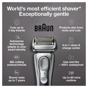 Braun Series 9 9370cc เครื่องโกนหนวดไฟฟ้าสําหรับผู้ชายแบบเปียกแห้งแบบชาร์จไฟได้พร้อมสถานีทําความสะอาด - Product Image 3