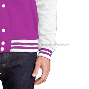 Two-tone cotton fleece varsity <b>jacket</b> for <b>men</b> with contrast sleeves and customizable ribbing for fashion streetwear - Product Image 6