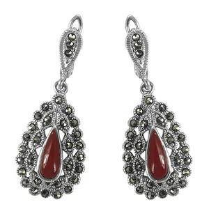 Pendientes de Lágrima de Plata 925 con Marcasita y Coral Rojo, Chapados en Oro y Platino para Bodas y Fiestas - Product Image 3