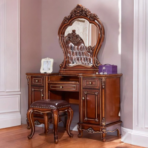 Meubles en bois de Java Tabouret miroir de coiffeuse moderne du milieu du siècle en bois de teck massif Ensemble de vanité de luxe artisanal pour chambre à coucher - Product Image 3