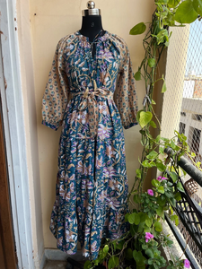 Femmes grande taille à manches longues Maxi robe bloc imprimé coton couleurs mélangées vêtements d'été avec gland décoration 100% coton - Product Image 3