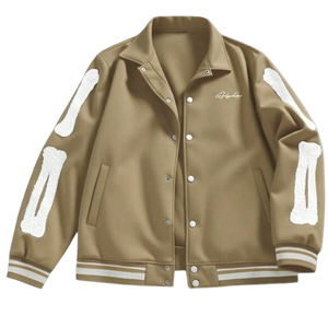 Chaqueta de béisbol universitaria Beige, ropa de calle de invierno de lana Unisex, estilo de contraste, puños acanalados, cremallera, ropa de moda informal, 100% de algodón - Product Image 1