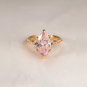 Bague en or 10K 14K 18K, platine et argent, avec topaze rose taille marquise et diamant, bijoux de mariée gravés vintage - Product Image 2