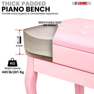 5 Core Piano Bench 3 Padded <b>Cushioned</b> Stool Wooden Heavy Duty Adjustable Musician Chair w <b>Storage</b> - Product Image 2