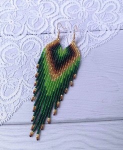 Boucles d'oreilles en perles, boucles d'oreilles longues en or vert, boucles d'oreilles à franges, boucles d'oreilles bohème - Product Image 1