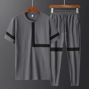 Men's Gray Contrast <b>Track</b> Suit Short Sleeve <b>T</b> Shirt and Jogger Pants Casual Sports Set - Product Image 1