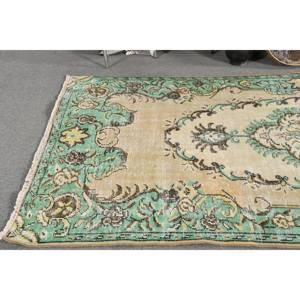 Alfombra Turca Vintage de Lana 4x8 pies, Diseño Patchwork Beige y Verde, Ecológica, Pelo Medio, Tejido Plano, Base de Látex para Comedor - Product Image 2