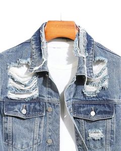 เสื้อแจ็คเก็ตยีนส์ผู้ชายสไตล์วินเทจ ขาดๆ แบบลำลอง สตรีทแวร์ สีฟ้าอ่อน ผ้าฝ้ายฟอก - Product Image 4