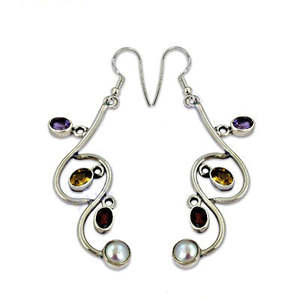 Boucles d'oreilles pendantes vintage pour femmes en argent 925 avec pierres précieuses multiples, perle d'eau douce et émeraude, motif de fleur en diamant pour mariage - Product Image 1