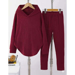 Conjunto de Dos Piezas para Mujer, Blusa Meloni con Capucha y Pantalones de Manga Larga, 29949 - Borgoña - Product Image 1