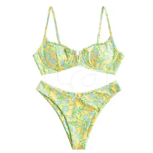 Bikini con estampado de sublimación para mujer, bañador de dos piezas de último diseño, traje de baño de cintura alta de Color sólido, ropa de playa