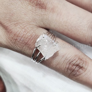 Joyería de piedra en bruto, anillo para mujer, piedra preciosa de cuarzo rosa crudo Natural, piedra natal de abril, 3 bandas lisas, anillo de Plata de Ley 925 para boda - Product Image 4