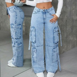 กางเกงยีนส์เอวสูงสำหรับผู้หญิงกางเกงยีนส์ขาบานมีกระเป๋าแบบมีฝาปิดกางเกงขายาวทรงตรงมีกระเป๋าขนาดใหญ่ขายส่ง - Product Image 4