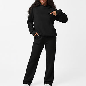 Ensemble de survêtement de haute qualité, couleur unie, 100% coton, vintage, dentelle brodée, sweat-shirt à capuche, pantalon de survêtement évasé, respirant, 2 pièces - Product Image 3