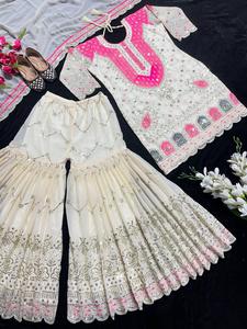 Diseñador Party Wear Faux Georgette Top Sharara Palazzo Dupatta Set con bordado de secuencia pesada y borde de encaje Latkan Dori - Product Image 5