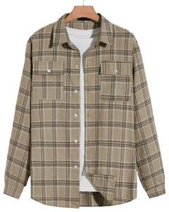 Chemise en flanelle à carreaux marron kaki pour homme, personnalisée par le fabricant, boutonnée, à manches longues, décontractée, à double poche poitrine, douce et confortable - Product Image 1